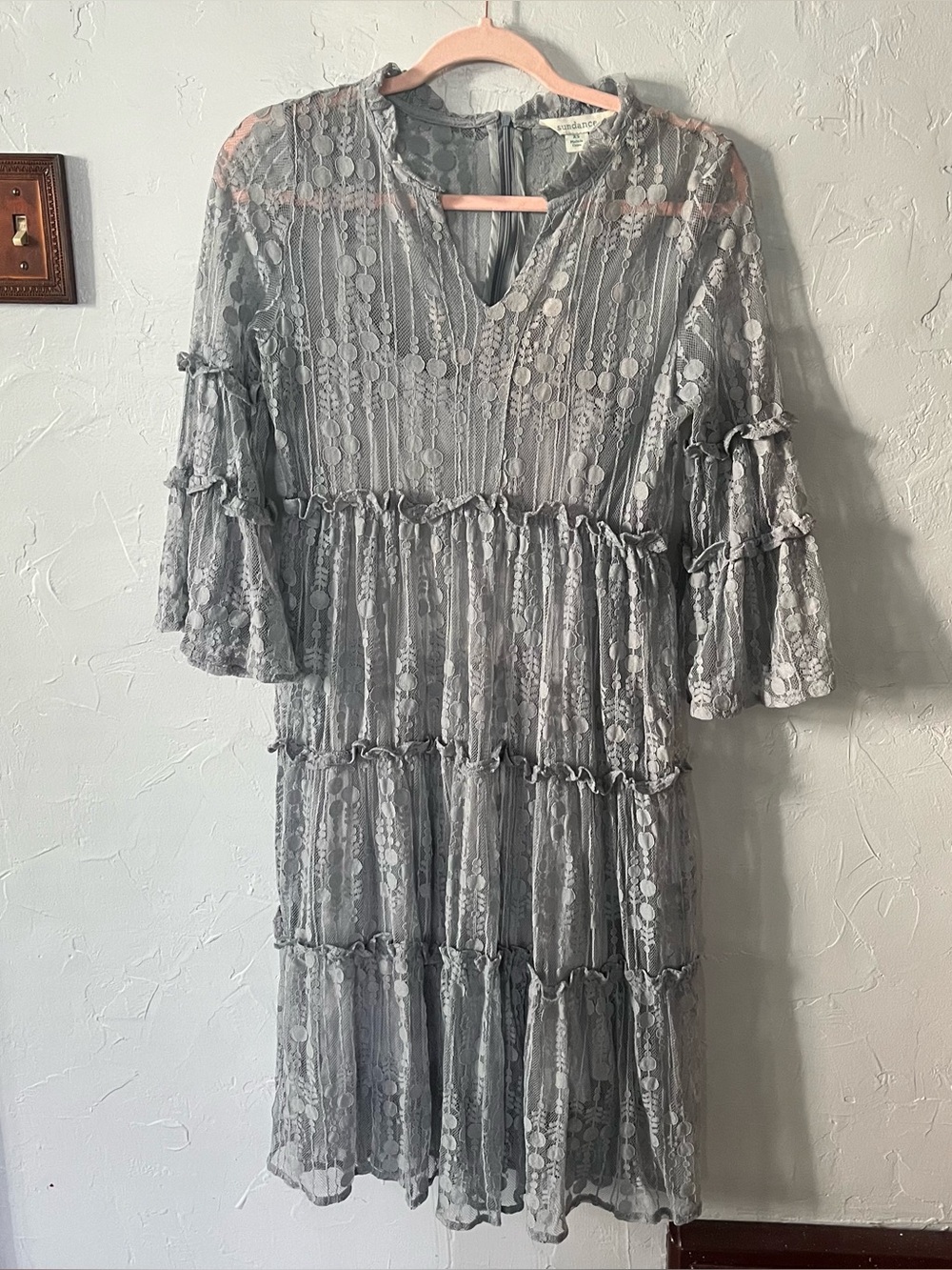 Sundance Midi Lace Dress Boho Cottagecore Blue XS 3/4 Sleeves Romantic Eyelet
